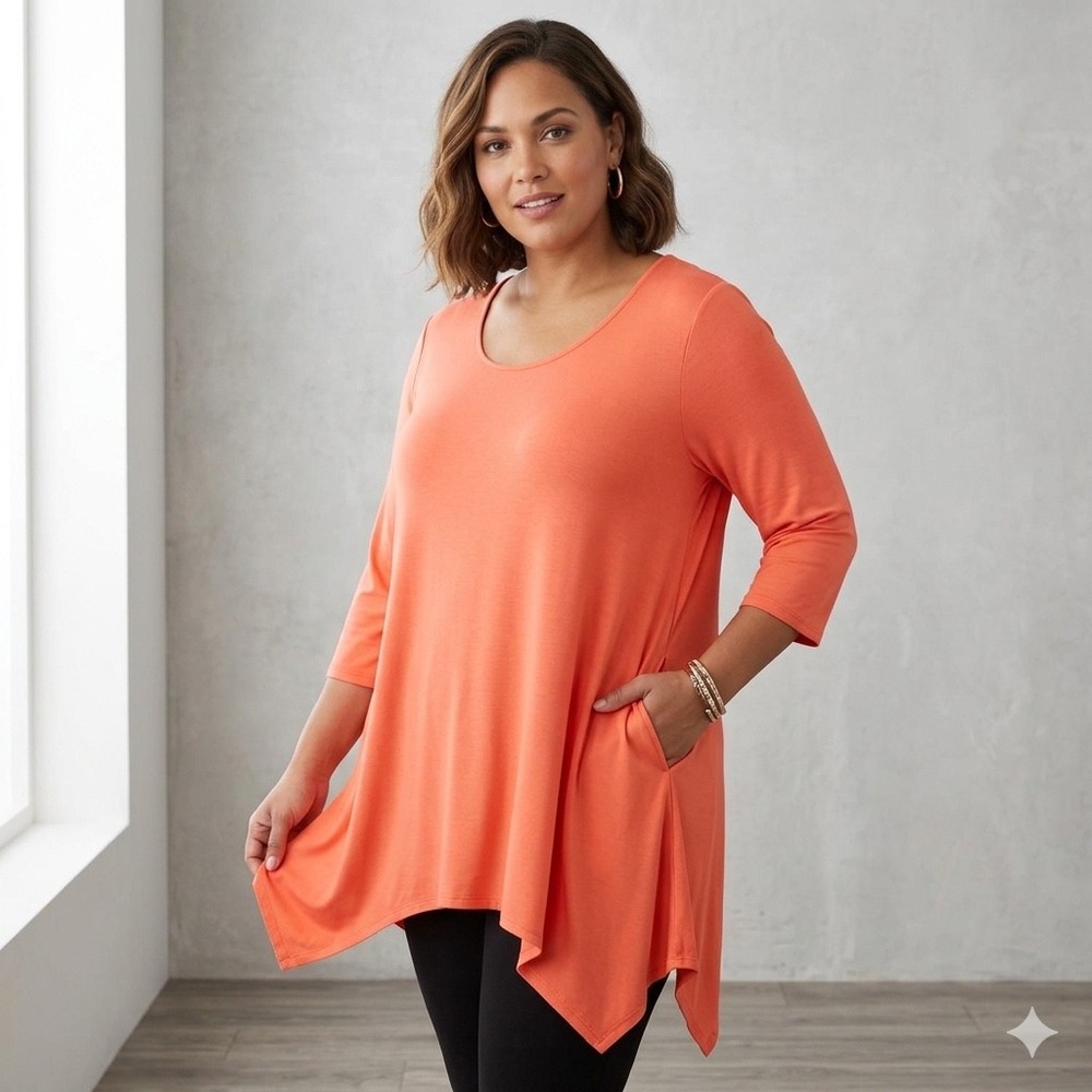 White Mark Womens Tunic Top 3XL Coral Orange Handkerchief Scoop Neck 3/4 Sleeve